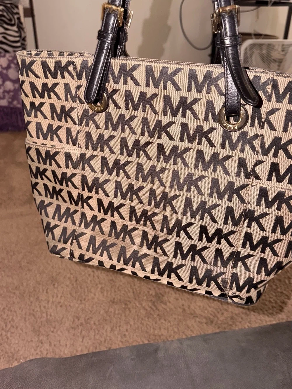 Michael Kors Black & Beige MK Logo Tote with Gold Accent